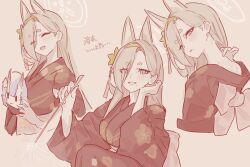 1girl :d ^_^ animal_ears blue_archive blue_eyes chise_(blue_archive) closed_eyes eyes_visible_through_hair fight_yoghurt hair_over_one_eye japanese_clothes kaho_(blue_archive) kimono long_hair looking_at_viewer mask monochrome multiple_views open_mouth sepia smile