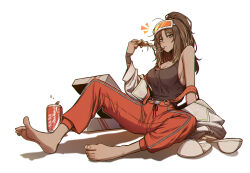 Rule 34 | 1girl, arm support, armpit crease, bare shoulders, barefoot, belt, belt buckle, black tank top, blue eyes, breasts, brown hair, buckle, can, cheese, cheese trail, cleavage, coat, collarbone, drink can, feet, food, goggles, goggles on head, hair tie, hamhampangpang, high ponytail, highres, holding, holding food, holding pizza, lab coat, large breasts, limbus company, long sleeves, looking at viewer, medium hair, misg1111, multicolored hair, off-shoulder coat, off shoulder, on floor, orange belt, orange goggles, orange pants, pants, pizza, pizza box, pizza slice, ponytail, project moon, ran (project moon), shadow, shirt, sideboob, simple background, sitting, sleeveless, sleeveless shirt, slippers, soda, soda can, solo, streaked hair, sweatdrop, tank top, toenails, toes, white background, white coat, white slippers, wristband