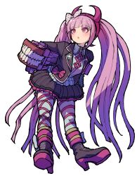 1girl :o absurdres bent_over bow chattering_teeth_(toy) danganronpa_(series) danganronpa_another_episode:_ultra_despair_girls fake_horns full_body hair_bow hairband high_heels highres horn_hairband horns jacket long_hair long_sleeves open_clothes open_mouth pink_eyes pink_hair pink_horns polka_dot shirt simple_background skirt solo twintails utsugi_kotoko very_long_hair youko-shima