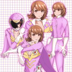 1girl bodysuit breasts broken_helmet brown_hair canoeflip cape choker cleavage collarbone commentary earrings from_behind gloves grid_background gun handgun helmet highres holding holding_gun holding_weapon holster jewelry long_sleeves looking_at_viewer medium_breasts medium_hair multiple_views parted_lips persona persona_4:_the_ultimate_in_mayonaka_arena persona_4:_the_ultimax_ultra_suplex_hold phoenix_ranger_featherman purple_bodysuit purple_cape smile solo stud_earrings sweat takeba_yukari upper_body weapon white_choker white_gloves