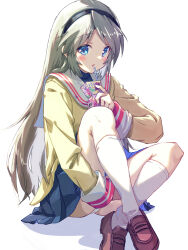 Rule 34 | 1girl, :o, akayama yukihe, black hairband, blazer, blue eyes, blue skirt, blush, brown shoes, clannad, commentary request, crossed legs, foot out of frame, grey hair, hairband, highres, hikarizaka private high school uniform, holding carton, hugging own legs, jacket, kneehighs, loafers, long hair, long sleeves, looking at viewer, miniskirt, open mouth, panties, panty peek, parted bangs, pleated skirt, sailor collar, sakagami tomoyo, school uniform, shoes, sidelighting, simple background, sitting, skirt, sleeves past wrists, socks, solo, underwear, very long hair, white background, white panties, white sailor collar, white socks, yellow jacket