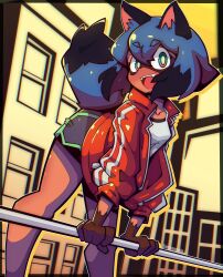 1girl animal_ears blue_hair brand_new_animal emmavania furry furry_female jacket kagemori_michiru pole red_jacket standing