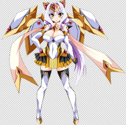 Rule 34 | 1girl, azarin (kouyoku senki exs-tia), boots, breasts, checkered background, cleavage, clothing cutout, covered navel, elbow gloves, exs-tia magica, full body, gem, gloves, hair intakes, hand on own hip, kouyoku senki exs-tia, large breasts, long hair, looking at viewer, mecha musume, purple hair, scarf, skirt, smile, solo, standing, thigh boots, thighhighs, very long hair, yellow eyes, zesuto, zettai ryouiki