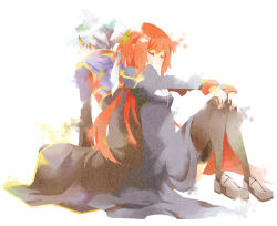 1boy 1girl back-to-back black_coat black_thighhighs closed_eyes closed_mouth coat commentary_request cross cross_necklace dress full_body gold_trim grey_dress grey_shoes jewelry juliet_sleeves long_hair long_sleeves multicolored_coat necklace pink_hair priest_(ragnarok_online) puffy_sleeves ragnarok_online red_coat sansaro shoes short_hair simple_background smile thighhighs two-tone_coat white_background