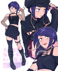 1girl alternate_costume asymmetrical_legwear audio_jack ayuda_ayutaro belt belt_boots belt_skirt black_boots black_choker black_hat black_thighhighs blunt_bangs bob_cut boku_no_hero_academia boots choker commentary_request contrapposto crop_top diagonal_bangs fishnet_top fishnets full_body groin hand_on_headwear hand_on_own_ear hat hat_belt jiro_kyoka long_earlobes looking_at_viewer looking_to_the_side midriff miniskirt multiple_views nail_polish navel o-ring o-ring_choker o-ring_thigh_strap off-shoulder_shirt off_shoulder open_mouth peaked_cap plaid_clothes plaid_skirt pleated_skirt purple_eyes purple_hair purple_nails red_skirt shirt signature simple_background single_off_shoulder single_sidelock sitting skirt smile spiked_choker spikes standing strapless teeth thigh_strap thighhighs tube_top upper_body upper_teeth_only watermark white_background white_mouth