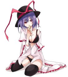 1girl black_bra black_panties black_thighhighs bra breasts cleavage female_focus hat highres lace lace-trimmed_bra lace_trim looking_at_viewer nagae_iku no_pants panties purple_hair red_eyes shiroshi_(denpa_eshidan) shirt_slip short_hair simple_background sitting solo thighhighs touhou underwear white_background