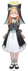 1girl :3 animal_ears black_shoes blue_archive chiu538 closed_eyes double-parted_bangs halo highres long_hair mari_(blue_archive) mary_janes orange_hair own_hands_clasped own_hands_together shoes simple_background solo white_background yellow_halo