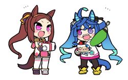 2girls @_@ ahoge animal_ears asymmetrical_footwear asymmetrical_gloves black_pantyhose blue_hair blush_stickers boots box brown_hair cake chibi crossed_bangs epaulettes flower-shaped_pupils food food_on_face full_body gift gift_box gloves hairband horse_ears horse_girl horse_tail jacket long_hair long_sleeves looking_at_another mismatched_footwear mismatched_gloves multiple_girls notice_lines open_mouth pantyhose pink_eyes ponytail purple_eyes sakura_bakushin_o_(umamusume) sharp_teeth simple_background smile standing stuffed_animal stuffed_rabbit stuffed_toy symbol-shaped_pupils tail teeth thighhighs twin_turbo_(umamusume) twintails umamusume ume_(noraneko) upper_teeth_only white_background white_thighhighs yellow_boots