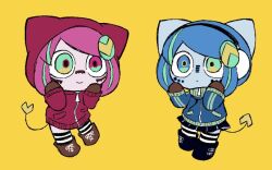 Rule 34 | 2girls, agpgwm, animal ears, black boots, black skirt, black thighhighs, blue eyes, blue hair, blue jacket, blue skin, boots, brown boots, brown gloves, cat ears, chibi, chibi only, closed mouth, colored skin, commentary request, double vertical stripe, dual persona, facial mark, full body, gloves, green eyes, green hair, hairpods, hands on own cheeks, hands on own face, headphones, heart, heart tail, heterochromia, hood, hood up, hooded jacket, horizontal-striped thighhighs, jacket, knee boots, lace-up boots, looking up, matryoshka (vocaloid), miniskirt, multicolored eyes, multicolored hair, multiple girls, no pants, pink eyes, pink hair, pink skin, poyoroid, red jacket, short hair, simple background, skirt, smile, standing, streaked hair, striped clothes, striped thighhighs, swept bangs, tail, thighhighs, turtleneck, turtleneck jacket, two-tone eyes, two-tone hair, two-tone thighhighs, utau, white thighhighs, wide-eyed, yellow background, yellow eyes, yellow tail, zipper