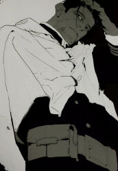 1boy arm_up belt belt_buckle belt_pouch buckle buttons cape cowboy_shot facial_hair facial_scar galeblack golden_kamuy greyscale hair_slicked_back hand_in_own_hair highres layered_sleeves light_smile long_sleeves looking_to_the_side male_focus monochrome ogata_hyakunosuke parted_lips pouch scar scar_on_cheek scar_on_face short_hair short_sideburns sideways_glance solo teeth