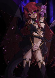 1girl :d absurdres aoi_tabane arm_behind_head bare_shoulders breasts corruption cosplay dark_persona demon_girl demon_wings fangs flower gloves hair_flower hair_ornament highres horns kouyoku_senki_exs-tia long_hair looking_at_viewer luxuria_(kouyoku_senki_exs-tia) navel open_mouth pointy_ears pubic_tattoo purple_eyes red_hair revealing_clothes shakugan_no_shana shana single_horn small_breasts smile solo tail tattoo thighhighs very_long_hair wings