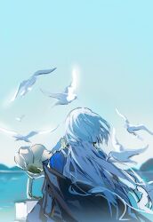 1boy bird black_cape blue_shirt blue_sky cape chinese_commentary commentary_request day earrings floating_cape floating_hair flock from_behind gleam gold_earrings highres hoop_earrings izayoinotsuki_nihyakkeiri jewelry kitakawayui long_hair long_sleeves male_focus mingjing_fangfu_keyi_zhanduan_chuntian mountainous_horizon ocean outdoors phonograph seagull shirt sky solo upper_body very_long_hair white_hair wind