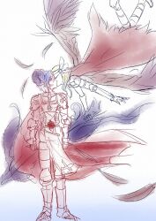 1boy 1girl armor armored_boots blonde_hair blue_hair blue_horns boots breastplate brown_wings cape commentary_request cross falling_feathers feathered_wings feathers flying full_body hetero horns kiss leg_armor looking_at_another lord_knight_(ragnarok_online) pauldrons ragnarok_online red_cape short_hair shoulder_armor simple_background sketch standing valkyrie valkyrie_(ragnarok_online) white_background wings yukimushi