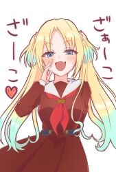Rule 34 | 1girl, :d, blonde hair, blue eyes, blue hair, blush, breasts, brown dress, commentary request, cowboy shot, dress, fang, flower, gradient hair, hair flower, hair ornament, half-closed eyes, hasu no sora school uniform, heart, highres, kai (kkaaii0427), link! like! love live!, long hair, long sleeves, looking at viewer, love live!, medium breasts, mesugaki, multicolored hair, neckerchief, open mouth, osawa rurino, pink flower, pleated dress, red neckerchief, sailor collar, sailor dress, school uniform, simple background, skin fang, smile, solo, spoken heart, teasing, twintails, virtual youtuber, white background, white sailor collar, winter uniform, zako (phrase)