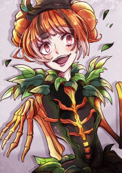 1girl disneyland dress gloves halloween halloween_costume happy hat highres joh leaf lips long_hair looking_at_viewer open_mouth orange_eyes orange_hair ribs smile solo upper_body