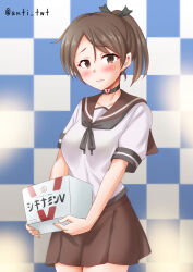 Rule 34 | 1girl, anti (untea9), box, brown eyes, brown hair, brown sailor collar, brown skirt, checkered background, choker, commentary request, cowboy shot, heart lock (kantai collection), highres, kantai collection, looking at viewer, ponytail, sailor collar, sailor shirt, school uniform, serafuku, shikinami (kancolle), shirt, skirt, solo, twitter username, white shirt