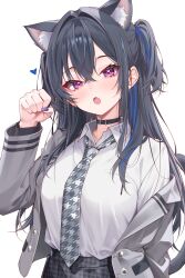 1girl absurdres amaki_daisuke animal_ears black_collar black_skirt breasts cat_ears cat_girl cat_tail collar commentary fingernails grey_jacket grey_necktie hair_between_eyes heart heart-shaped_pupils highres ichinose_uruha jacket looking_at_viewer medium_breasts nail_polish necktie open_mouth paw_pose purple_eyes purple_nails shirt simple_background skirt solo symbol-only_commentary symbol-shaped_pupils tail virtual_youtuber vspo! white_background white_shirt
