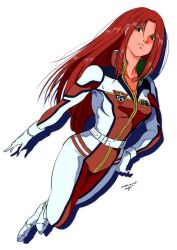 Rule 34 | 1girl, breasts, christina mackenzie, earth federation, gloves, green eyes, gundam, gundam 0080, highres, long hair, looking at viewer, mecha pilot suit, pgmajimaji, pilot suit, red hair, science fiction, simple background, solo, white background