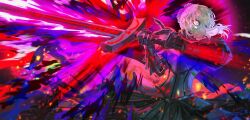1girl armor armored_dress artoria_pendragon_(fate) attack black_armor black_dress blonde_hair braid corruption dark_knight dark_persona dress excalibur_morgan_(fate) fate_(series) french_braid gauntlets highres holding holding_sword holding_weapon looking_to_the_side pale_skin quasarcake saber_alter saber_alter_(second_ascension) solo sword weapon yellow_eyes
