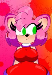 1girl 3barts amy_rose breasts curvy dress eyelashes green_eyes hairband hedgehog_girl highres large_breasts looking_to_the_side bad_tag pink_fur pink_hair red_dress simple_background smile sonic_(series)