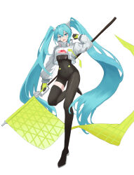 1girl :d absurdres arm_up asymmetrical_bodysuit black_bodysuit black_gloves black_thighhighs blue_eyes blue_hair bodysuit chinese_commentary commentary covered_navel crop_top cropped_jacket flag full_body gloves goodsmile_racing green_gloves hair_between_eyes hatsune_miku high_collar highres holding holding_flag jacket leg_up long_hair long_sleeves looking_at_viewer open_mouth racing_miku racing_miku_(2022) simple_background single_leg_bodysuit single_thighhigh smile solo standing standing_on_one_leg thighhighs twintails very_long_hair vocaloid white_background white_jacket xigua