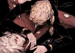 2boys black_background black_jacket black_necktie blonde_hair character_name clothing_cutout earrings film_grain food-themed_earrings food_themed_earrings giorno_giovanna hand_on_another&#039;s_back hand_on_another&#039;s_chest highres italian_text jacket jewelry jojo_no_kimyou_na_bouken lying_on_another male_focus multiple_boys necktie okokoro_zaiku pannacotta_fugo pants pink_eyes red_pants red_shirt shirt sketch speech_bubble strawberry_earrings twitter_username upside-down vento_aureo victory_rolls white_hair yaoi