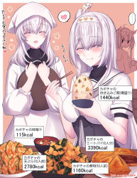 ... 3girls ^_^ apron black_sailor_collar blush bowl breasts closed_eyes commentary_request dated flower_symbol food fuyutsuki_(kancolle) grey_hair grey_neckerchief hachimaki hair_between_eyes hatsuzuki_(kancolle) headband headscarf heart highres holding holding_bowl holding_tray kabocha_torute kantai_collection kappougi large_breasts long_hair long_sleeves multiple_girls neckerchief one_side_up open_mouth pie plate rice sailor_collar short_sleeves soup spoken_ellipsis spoken_heart suzutsuki_(kancolle) sweat tempura translation_request tray twitter_username white_sailor_collar