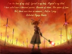 Rule 34 | 1girl, bad id, bad pixiv id, bow, english text, fate/stay night, fate (series), female focus, fingerless gloves, fire, gloves, jpeg artifacts, lowres, lyrical nanoha, magazine (weapon), magical girl, mahou shoujo lyrical nanoha, parody, raising heart, raising heart (accel mode), red bow, red hair, solo, takamachi nanoha, takamachi nanoha (sacred mode), unlimited blade works (reality marble), white devil
