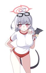 1girl bare_legs black-framed_eyewear blue_archive blush braid breasts buruma commentary demon_tail demon_wings eyewear_on_head glasses grey_hair gym_shirt gym_uniform halo haruna_(blue_archive) haruna_(track)_(blue_archive) highres hokuroten large_breasts light_smile looking_at_viewer official_alternate_costume red_buruma red_eyes shirt short_sleeves simple_background single_braid single_wing solo tail white_background wings