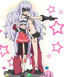 2girls ankle_garter antenna_hair bare_shoulders blouse blunt_bangs breasts capri_pants cosplay crossover fur_trim galaktika gauntlets gloves high_heels hoshimiya_kate idolmaster idolmaster_(classic) kazukun kurukuru_(sekai_seifuku) long_hair look-alike lowleg lowleg_skirt mary_janes mask midriff multiple_girls navel pants red_eyes sekai_seifuku:_bouryaku_no_zvezda shijou_takane shirt shoes short_sleeves silver_hair skirt smile star_(symbol) stuffed_animal stuffed_toy underboob venera-sama venera-sama_(cosplay) very_long_hair white_background