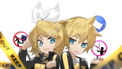 1boy 1girl @_@ black_jacket blonde_hair blue_eyes bow caution_tape fang hair_bow hair_ornament hairband hairclip highres jacket kagamine_len kagamine_rin looking_at_viewer multicolored_jacket open_mouth print_shirt project_diva_(series) reirou_(chokoonnpu) road_sign shirt short_hair siblings sign skin_fang stylish_energy_(module) sweatdrop t-shirt track_jacket transparent_background two-tone_jacket vocaloid white_bow white_hairband yellow_jacket