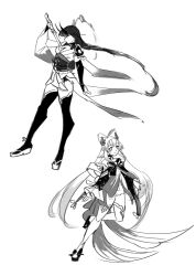 2girls absurdres alternate_costume alternate_universe arm_up armor bare_shoulders blunt_bangs bow bowtie braid breasts bridal_gauntlets cleavage closed_mouth commentary detached_sleeves dress english_commentary from_side full_body genshin_impact gradient_hair hair_ornament highres holding holding_sword holding_weapon horns human_scabbard imsweeps japanese_clothes kimono large_breasts light_smile long_braid long_hair long_sleeves looking_at_viewer looking_to_the_side monochrome multicolored_hair multiple_girls musou_isshin_(genshin_impact) neck_ribbon no_hair_ornament off_shoulder panties powering_up raiden_shogun ribbon sangonomiya_kokomi sash shoulder_armor simple_background single_braid sketch standing standing_on_one_leg sword thighhighs underwear wavy_hair weapon white_background wide_sleeves