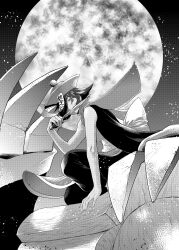 1girl absurdres arm_out_of_sleeve claw_(weapon) dagger darkstalkers full_moon greyscale hair_over_one_eye hat highres holding holding_dagger holding_knife holding_weapon hsien-ko jiangshi kneeling knife knife_in_mouth monochrome moon ofuda rf-yuki solo weapon