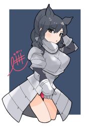Rule 34 | 1girl, animal ears, armor, black hair, black rhinoceros (kemono friends), blush, breastplate, brown eyes, cosplay, cowboy shot, elbow pads, extra ears, faulds, gauntlets, gorget, hair between eyes, hand in own hair, kemono friends, leotard, long hair, no legwear, pauldrons, ponytail, pppg gg, red leotard, rhinoceros ears, rhinoceros girl, shoulder armor, sidelocks, solo, white rhinoceros (kemono friends), white rhinoceros (kemono friends) (cosplay)