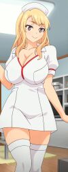 1girl absurdres anime_screenshot blonde_hair breasts disguised dressed_as_a_nurse full_body gyaru hetero highres imouto_wa_gal_kawaii large_breasts long_hair mizusawa_rine mizusawa_rino nurse pantyhose purple_eyes room stitched thighhighs third-party_edit white_bed white_thighhighs