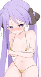1girl absurdres arms_under_breasts bare_shoulders bikini blush breasts cameltoe closed_mouth collarbone cowboy_shot dot_nose flying_sweatdrops gold_bikini highres hiiragi_kagami loli long_hair looking_to_the_side lucky_star micro_bikini navel nicomi-chan nose_blush purple_eyes purple_hair shy simple_background skindentation small_breasts solo string_bikini sweat swimsuit twintails v-shaped_eyebrows very_long_hair white_background