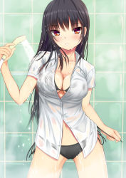 1girl bikini bikini_under_clothes black_hair blush breasts buttons cleavage collarbone collared_shirt cowboy_shot dress_shirt female_focus fingernails hand_up highres holding kurokami_(kurokaminohito) long_hair looking_at_viewer looking_away looking_to_the_side medium_breasts navel original parted_lips red_eyes see-through_clothes shirt short_sleeves shower_head side-tie_bikini_bottom solo swimsuit swimsuit_under_clothes tile_wall tiles unbuttoned unbuttoned_shirt untying water_drop wet wet_clothes