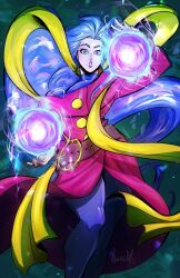 Rule 34 | artist name, belt, bodystocking, capcom, capcom fighting jam, dress, energy ball, green background, green eyes, hagoromo, long hair, long sleeves, mekaga, purple bodystocking, purple dress, purple hair, rose (street fighter), scarf, shawl, street fighter, street fighter iv (series), street fighter v, street fighter zero (series), suprised look, watermark, yellow buttons, yellow scarf