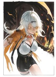 1girl absurdres belt bird black_belt black_bird black_gloves border breasts closed_mouth elbow_gloves expressionless gloves glowing glowing_eyes hair_ornament hairclip high-waist_shorts highres jacket large_breasts long_hair looking_at_viewer niroxin shorts single_elbow_glove solo white_border white_hair yellow_eyes yellow_jacket yi_xuan_(zenless_zone_zero) zenless_zone_zero