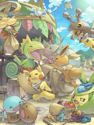 absurdres alternate_color apple backpack bag berry_(pokemon) blue_scarf cherubi eevee farigiraf food fruit game_freak gen_1_pokemon gen_2_pokemon gen_3_pokemon gen_4_pokemon gen_5_pokemon gen_8_pokemon girafarig gossifleur happy highres kecleon lopunny merchant nintendo no_humans paldean_wooper pelipper pikachu pokemon pokemon_(creature) pokemon_mystery_dungeon scarf shiny_and_normal shiny_pokemon swadloon white_scarf wingull wooper yamaori_(hakkentai_pokedan)