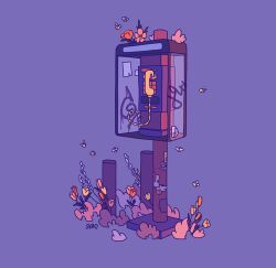 abandoned alternate_colored_grass analogous_colors animal bee blending blue_flower bug commentary corded_phone english_commentary flower flying graffiti grass insect mellific no_humans orange_flower original overgrown payphone phone pink_flower purple_background scenery signature sticker yellow_flower