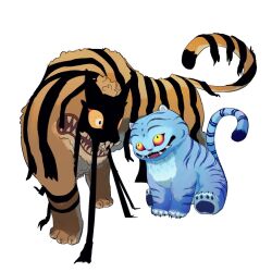 animal animal_focus black_mask blue_fur colored_sclera dream_tiger_(govy9807) highres looking_at_another nagdonggang no_humans open_mouth orange_fur orange_sclera original red_sclera sharp_teeth sitting standing striped_fur teeth tiger white_background yellow_eyes