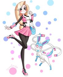 1girl alternate_color bag blonde_hair bow charlie_morningstar closed_mouth crossover demon_girl drawster001 gen_6_pokemon hazbin_hotel highres holding long_hair nintendo pink_eyes poke_ball pokemon pokemon_(creature) ponytail premier_ball ribbon shiny_pokemon shoes skirt smile socks sylveon