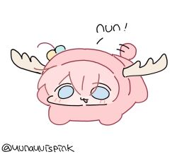 1girl ahoge animal_costume antlers artist_name blush bocchi_the_rock! cosplay cube_hair_ornament deer deer_antlers deer_costume deer_hood detached_ahoge fake_antlers full_body gotoh_hitori hair_ornament horns long_hair long_sleeves open_mouth pink_hair shikanoko_nokonoko_koshitantan side_ahoge simple_background smile solo twitter_username white_background yunayuispink