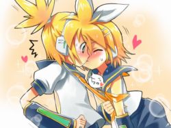 1boy 1girl bad_id bad_pixiv_id blonde_hair brother_and_sister clothes_grab detached_sleeves headband hetero incest kagamine_len kagamine_rin kiss neckwear_grab siblings surprised tadayuu@bh2gataosenai tatata twincest twins vocaloid yamaha
