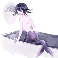 1boy artist_request back bare_shoulders black_hair commentary danganronpa_(series) danganronpa_v3:_killing_harmony flipped_hair from_behind hair_between_eyes heart in_bathtub looking_at_viewer male_focus merman mirror monster_boy monsterification oma_kokichi open_mouth pale_skin partially_submerged pink_pupils purple_eyes ripples short_hair simple_background solo topless_male water