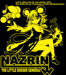 Rule 34 | animal ears, basket, bishamonten&#039;s pagoda, black background, capelet, character name, dowsing rod, floating, floating object, holding, holding with tail, invisible chair, jewelry, looking at viewer, monochrome, mouse (animal), mouse ears, mouse girl, mouse tail, nazrin, pendant, prehensile tail, short hair, sitting, smile, tail, taiman 44 koukei, touhou, yellow theme