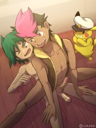 2boys anal animal_ears artist_name black_hair blush boy_on_top brown_eyes captain_pikachu completely_nude dark-skinned_male dark_skin erection gen_1_pokemon green_hair hat highres likaon lying male_focus multicolored_hair multiple_boys naked_vest navel nintendo nipples nude on_back one_eye_closed open_mouth penis pikachu pink_hair pokemon pokemon_(anime) pokemon_(creature) pokemon_horizons red_eyes roy_(pokemon) sex shota spread_legs tail testicles tongue tongue_out two-tone_hair uruto_(pokemon) uncensored vest wooden_floor yaoi
