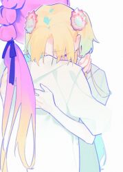 2girls anyoji_hime black_ribbon blonde_hair blue_dress blue_hair closed_eyes commentary_request dress flower gradient_hair hair_flower hair_ornament hair_ribbon hand_on_another&#039;s_back hasu_no_sora_school_uniform highres hood hooded_jacket hug jacket link!_like!_love_live! long_sleeves love_live! multi-tied_hair multicolored_hair multiple_girls osawa_rurino parted_bangs pink_flower pink_hair pipi_(m1x_mix) ponytail ribbon school_uniform simple_background summer_uniform upper_body virtual_youtuber white_background white_jacket