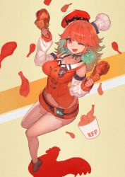 1girl blush bra_strap breasts brown_footwear bucket_of_chicken chef_hat chicken_(food) chicken_leg detached_sleeves earrings feather_earrings feathers food food_print fried_chicken full_body gradient_hair green_neckwear hat highres holding holding_food hololive hololive_english jewelry lack long_hair looking_at_viewer multicolored_hair navel one_eye_closed open_mouth orange_hair orange_hat orange_skirt purple_eyes shirt skirt sleeveless sleeveless_shirt smile solo takanashi_kiara takanashi_kiara_(1st_costume) thighhighs virtual_youtuber white_thighhighs